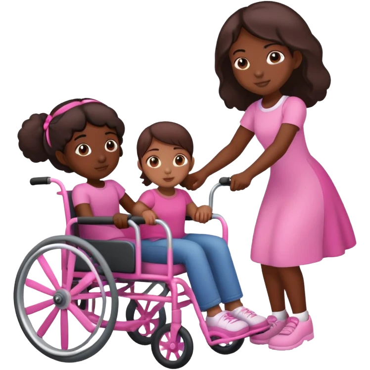 One dark skinned sister pushing her brown sister in a pink wheelchair emoji