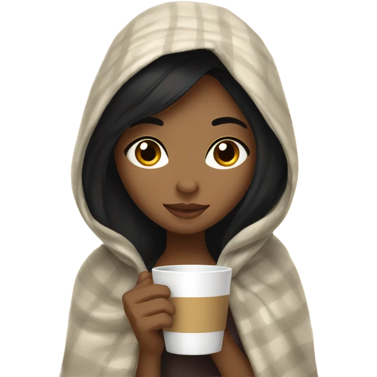 Girl with black hair and  blanket on her drinking coffee emoji