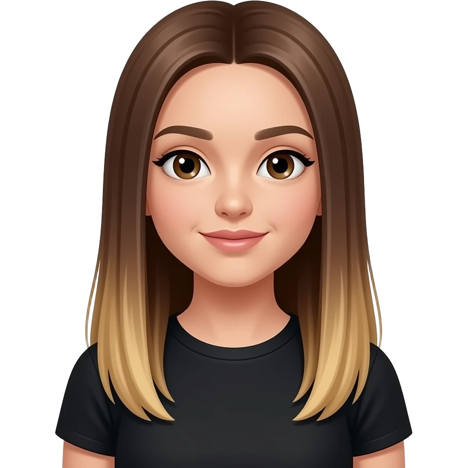 JN - teenage girl, lots of foundation, straight very long medium brown hair blonde at the tips, black crew neck t-shirt emoji