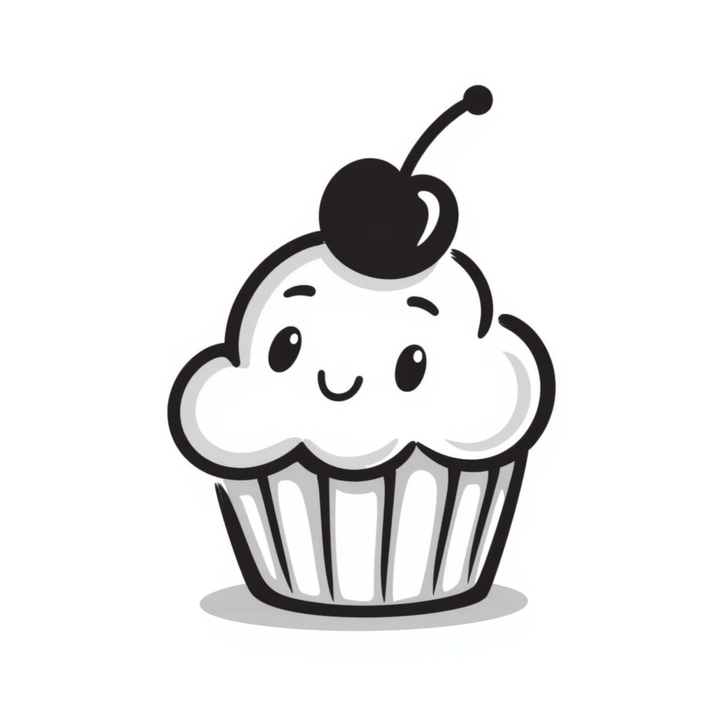 smiling cupcake with a friendly smile, hand drawn doodle style emoji