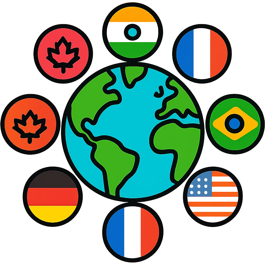 Colorful linear globe with various country flags placed around it representing different nations emoji