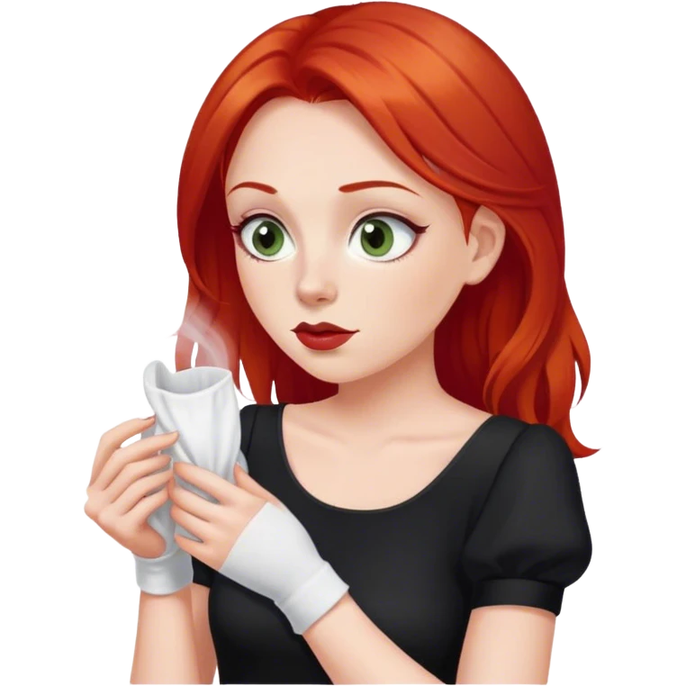 a woman with red hair and red eyes sniffing a white sock. The woman wear a black  dress emoji