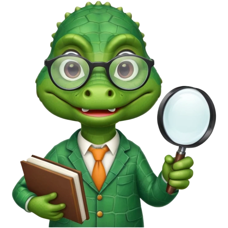 A green academic cartoon gator with a magnifying glass on a light background emoji