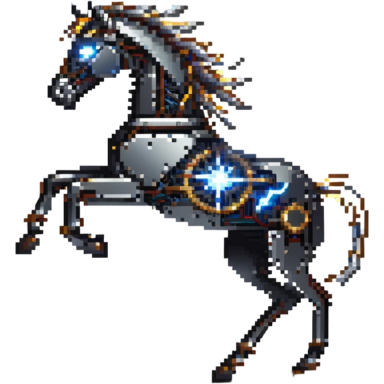 Galloping electric horse made of metal parts with lightning and electricity flowing through its body, dynamic pose emoji