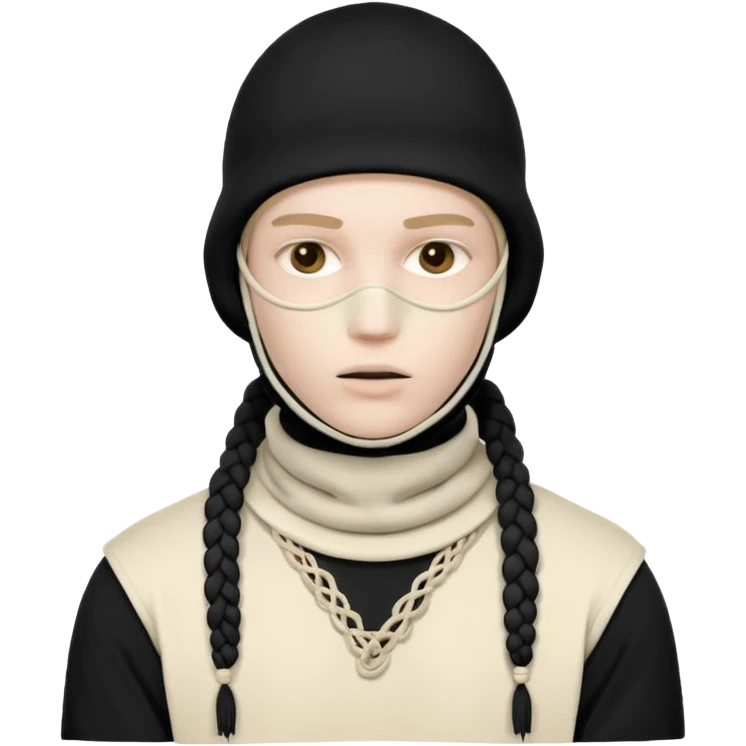Ultra-detailed studio shot of a post-apocalyptic off-white balaclava — deconstructed, frayed, layered, with braided rope tassels and subtle embroidery. Minimalist white background, soft lighting, sharp focus. High-fashion streetwear aesthetic. The face of a person in a mask should not be visible emoji