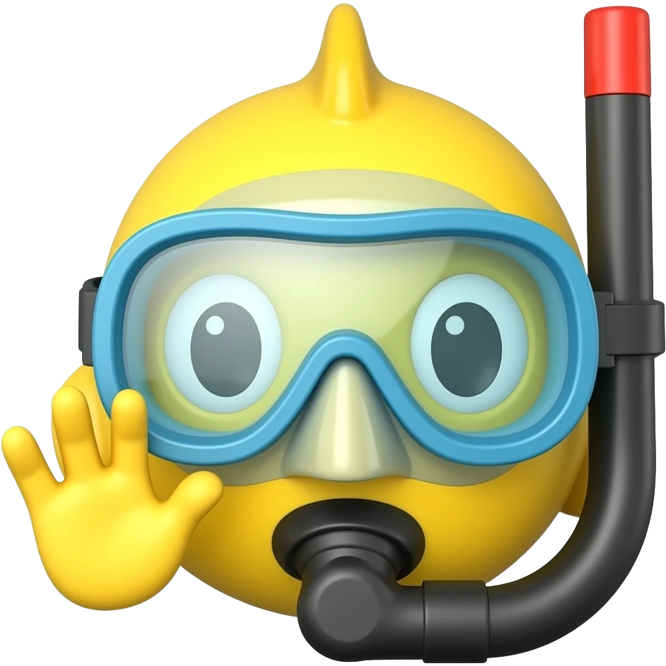 A regular yellow circle face emoji but it has scuba goggles and snorkeling gear on its face only the face and it’s hand is waving in the front like the motion of a fish so it looks like a handshake going to greet you, but it’s waving emoji