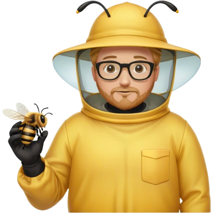 full body medium plus size male bee keeper in yellow and black with short light strawberry blonde hair and goatee wearing glasses with bee keeper hat emoji