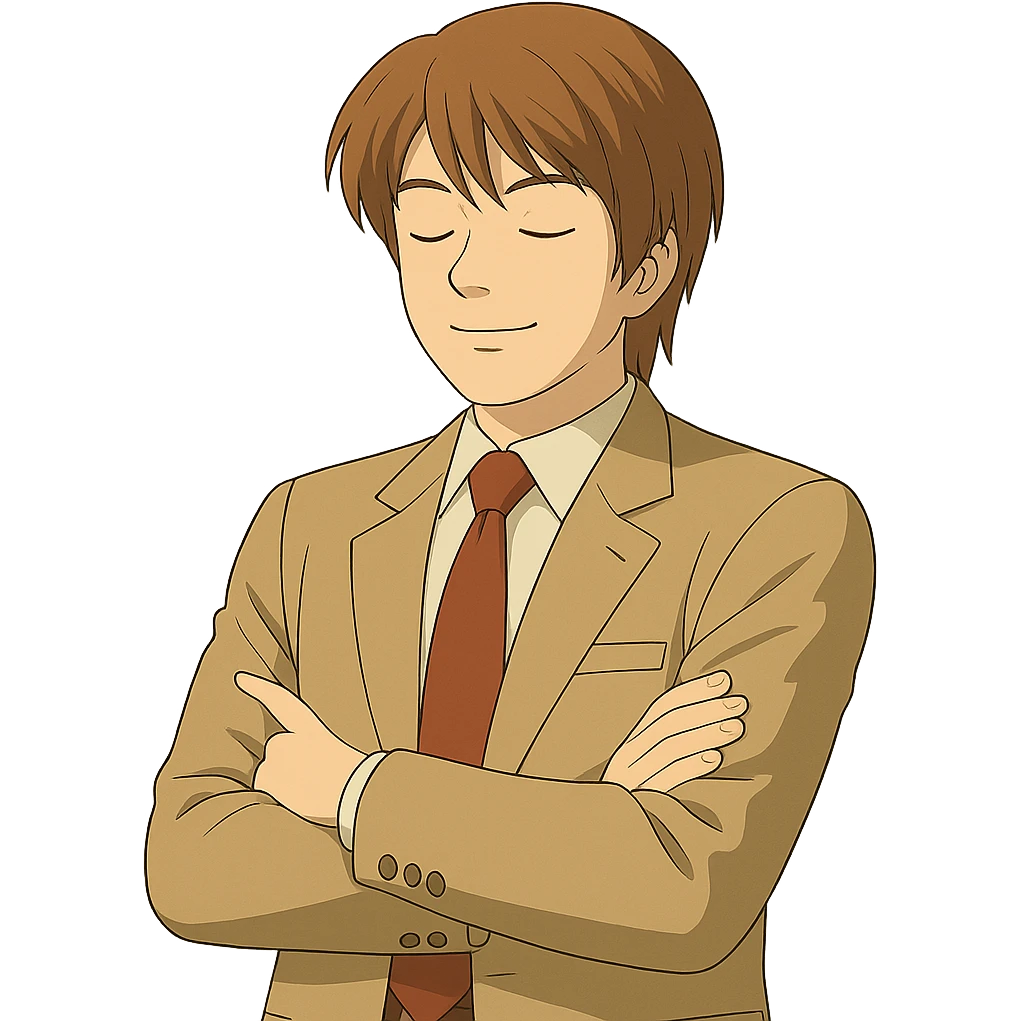 Create an exact Light Yagami in Ghibli style, standing with arms crossed and eyes closed. Keep the same suit and confident expression. Match the face, hair, and suit details exactly to the reference image. Transparent background. emoji