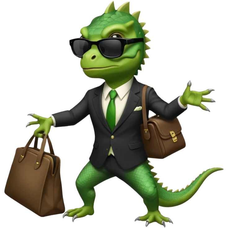 capitalist iguana banker godfather with black sunglasses breakdance with bag emoji