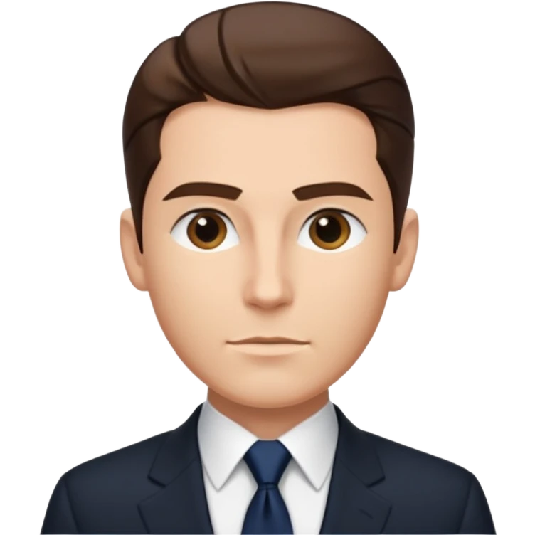 Caucasian man with slicked back brown hair, black suit, navy tie, elegant look standing  emoji