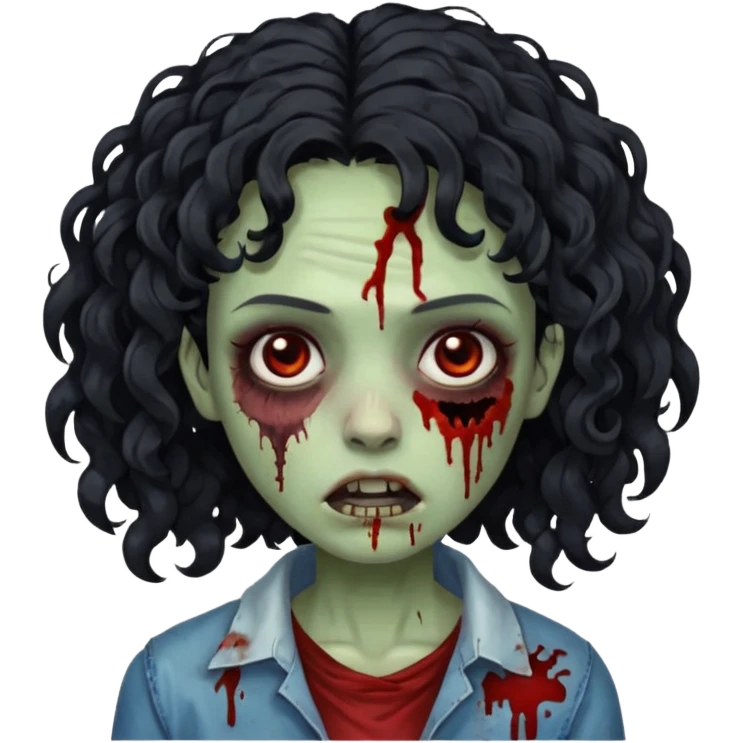 a zombie with curly medium black hair, dark brown eyes and a bit of blood on her cheek emoji