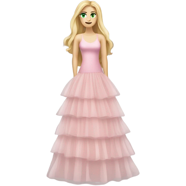 Realistic White woman with Long blonde straight hair and green eyes, full body wearing Long soft pink tiered tulle dress, isolated emoji