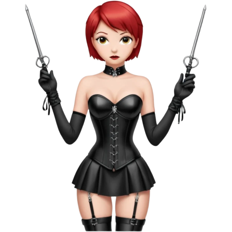 mistress, dominant girl, short red hair, serious look, shiny black leather corset, latex miniskirt, whip in hand, long black gloves, black hold-ups, high heels emoji