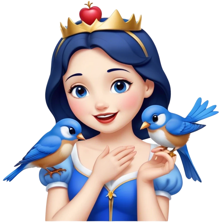 Cinematic Adorable Snow White Portrait Emoji, Giggling as a bluebird perches on her finger, cheeks rosy with joy, bright expressive eyes full of wonder, her innocence and beauty blending into a heartwarming moment! emoji