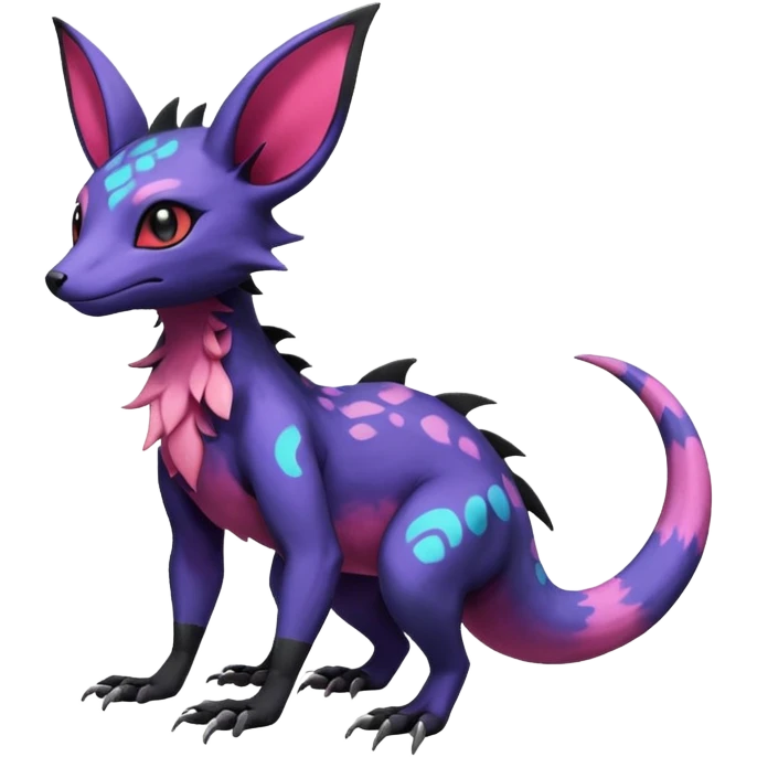 Rare epic aesthetic colorful Salandit-Noibat-Eevee-Genet-species-Fakemon-hybrid-creature, with markings, full body emoji