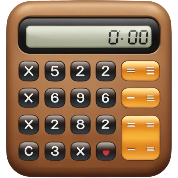 retro calculator with brown body, round buttons, digital display, apple emoji style emoji