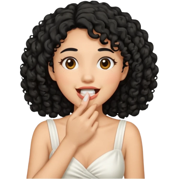 Woman with black curly hair giggling covering mouth wearing white dress emoji