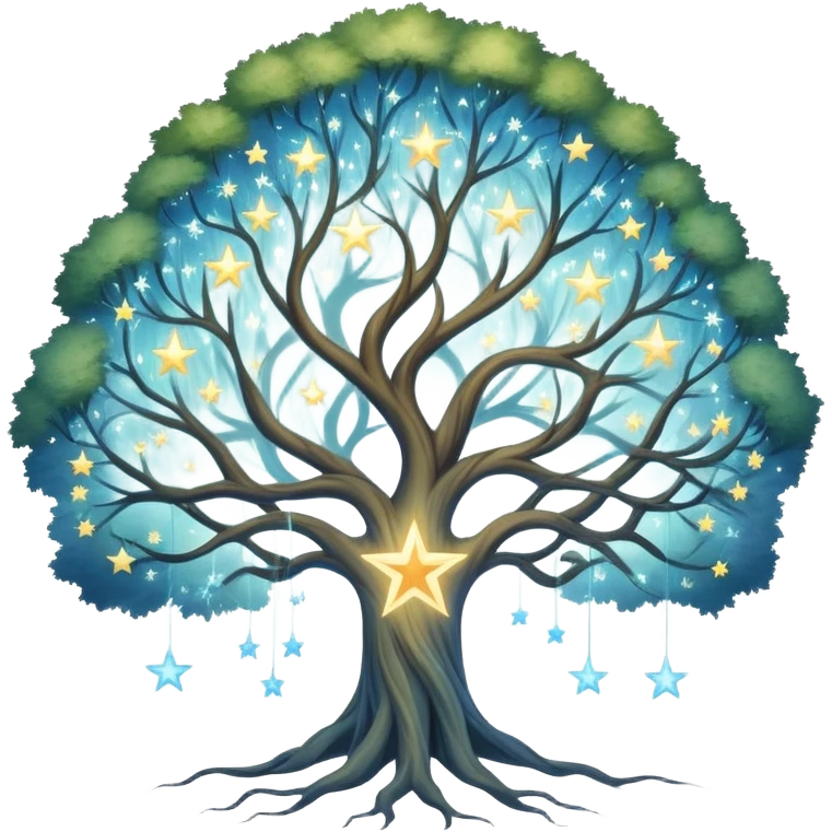 Celestial family tree with star-like portraits connected by flowing gossamer branches, ethereal ancestral connections emoji
