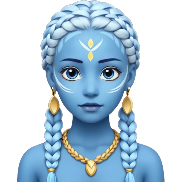 Draw a Na’vi female with glowing blue skin, white forehead markings, braided hair, gold earrings & a calm gaze. emoji