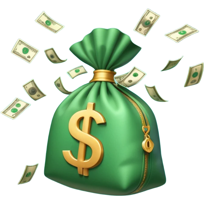 

3D emoji style, big bag of money, flying dollar bills, rich casino vibe, smooth lighting, high detail, clean edges, transparent background



 emoji