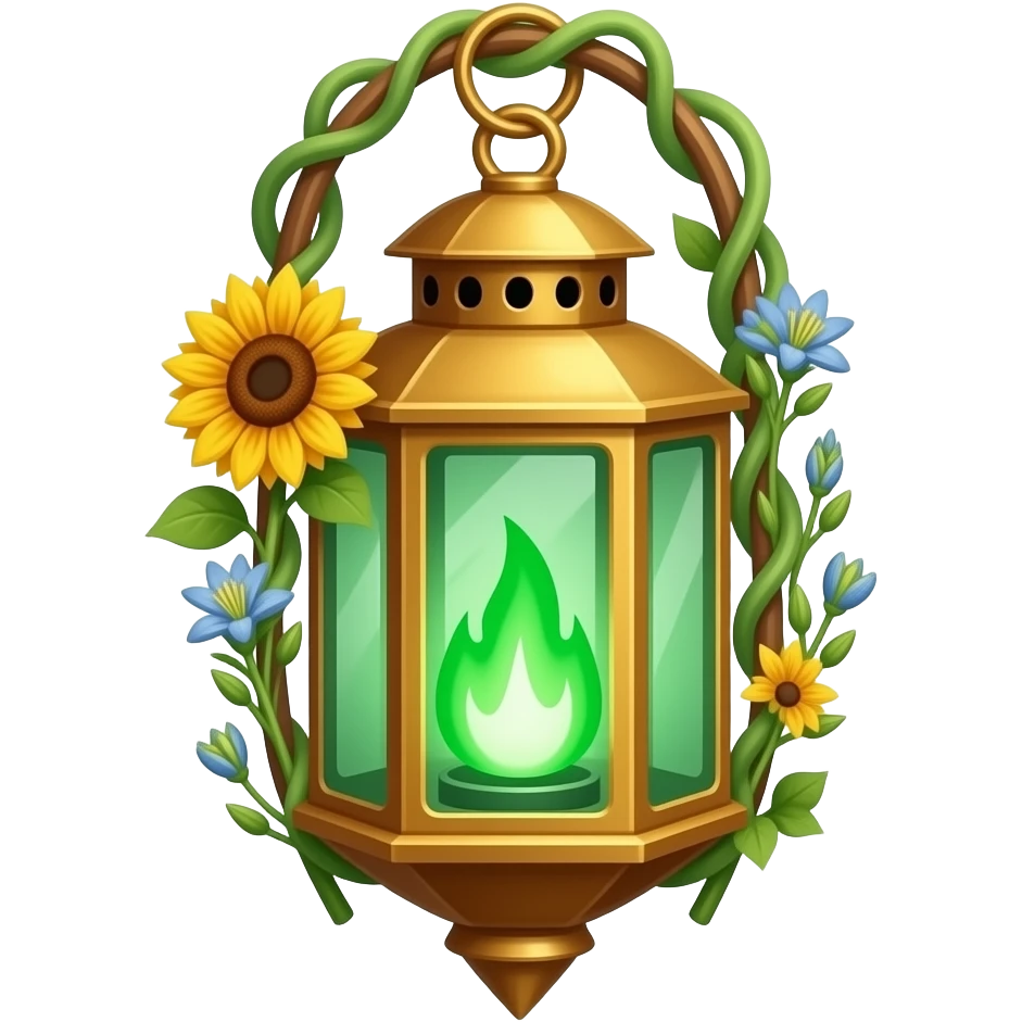 A golden hanging lantern with a bright emerald flames, an empty loop on top, sunflower & asphodel wrapping it, focus more on the green flames, paint the glass more green, have its bottom point come to some sort of point emoji