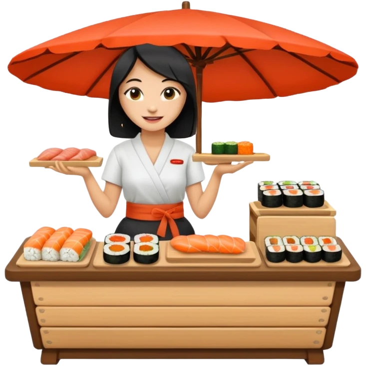 Naked asian female sushi vender on a marketplace; full body  emoji
