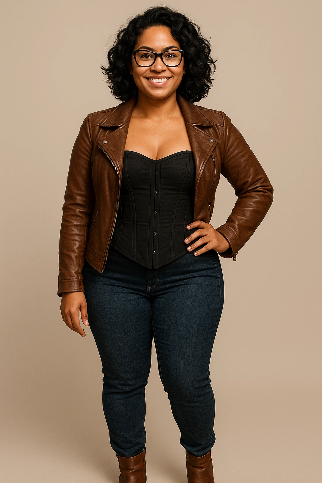 A woman with light brown skin, wavy black hair, and square-shaped glasses. She wears a black corset dress with a brown leather jacket, blue jeans, and brown ankle boots, smiling and standing confidently. emoji