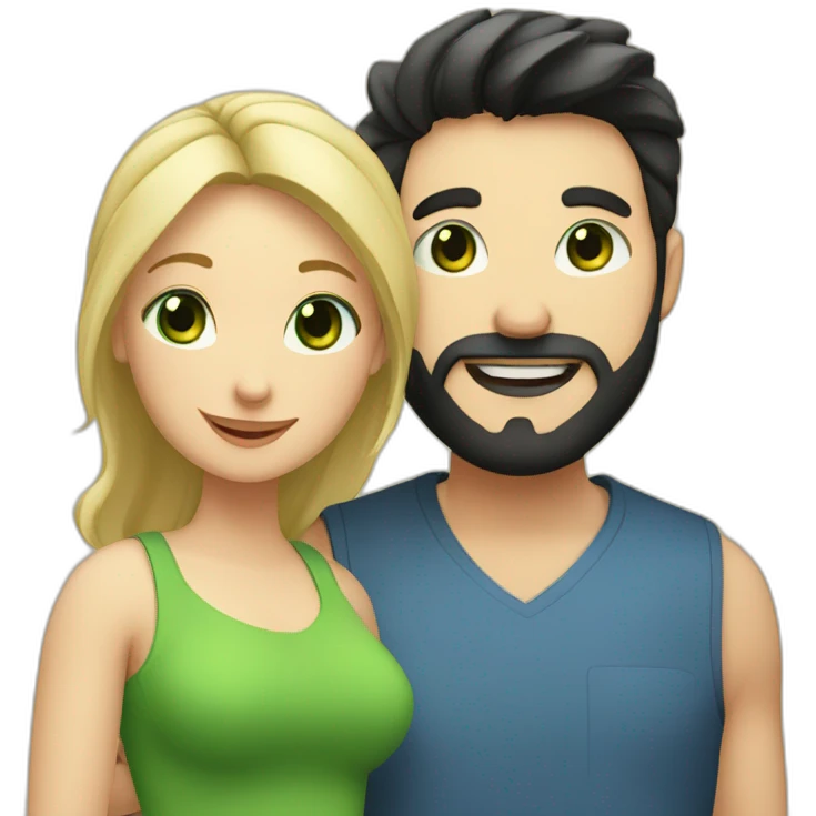 A happy couple, blond chubby girl with blue eyes and black haired and bearded man with green eyes emoji