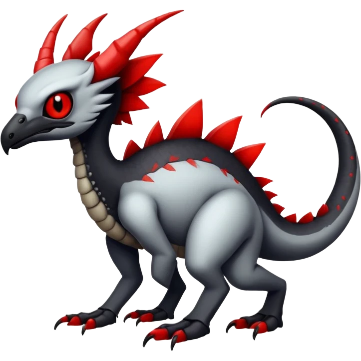 a white exotic edgy vernid-fionbr-Fakémon-creature, with black belly and red eyes, full body emoji