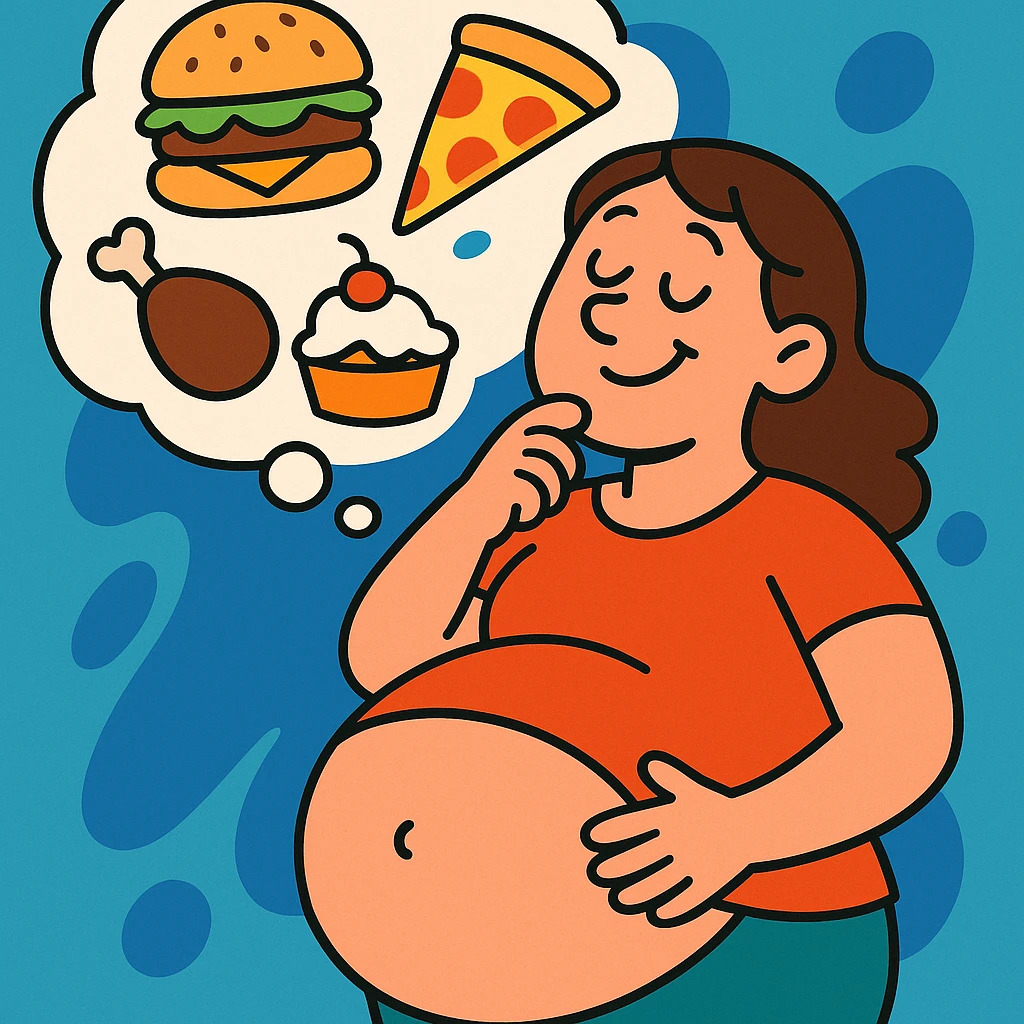 cartoon of a woman with a big hungry tummy, daydreaming about food, fun and lighthearted, vibrant toon style emoji