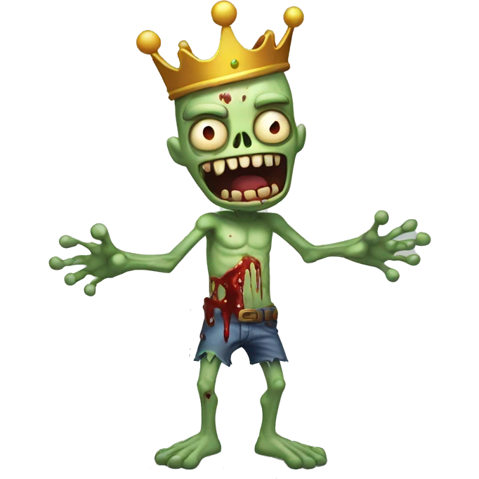a cartoon zombie with a crown on its head,full body,make the zombie with his arms out in front of him and less bloody with no cloths and make his face smiling emoji