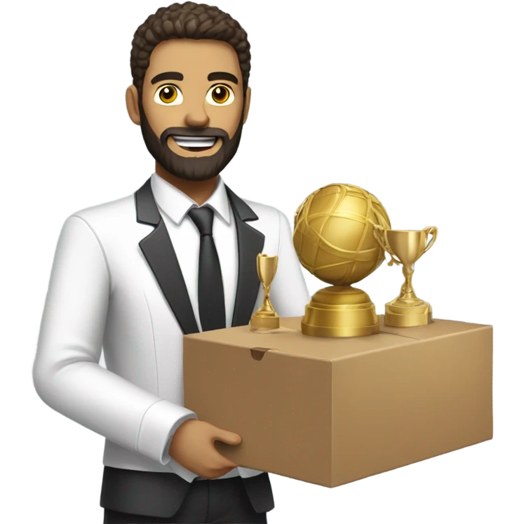 White guy with a beard in a suit taking a large box of taekwondo trophies to the garbage emoji