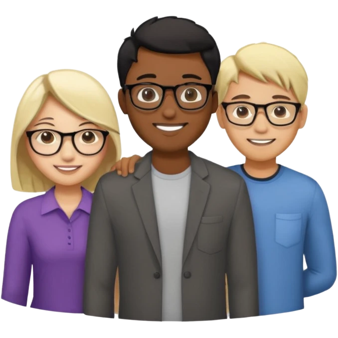 four people. Asian girl, black guy with glasses and dyed blonde hair, indian guy with glasses, asian guy emoji