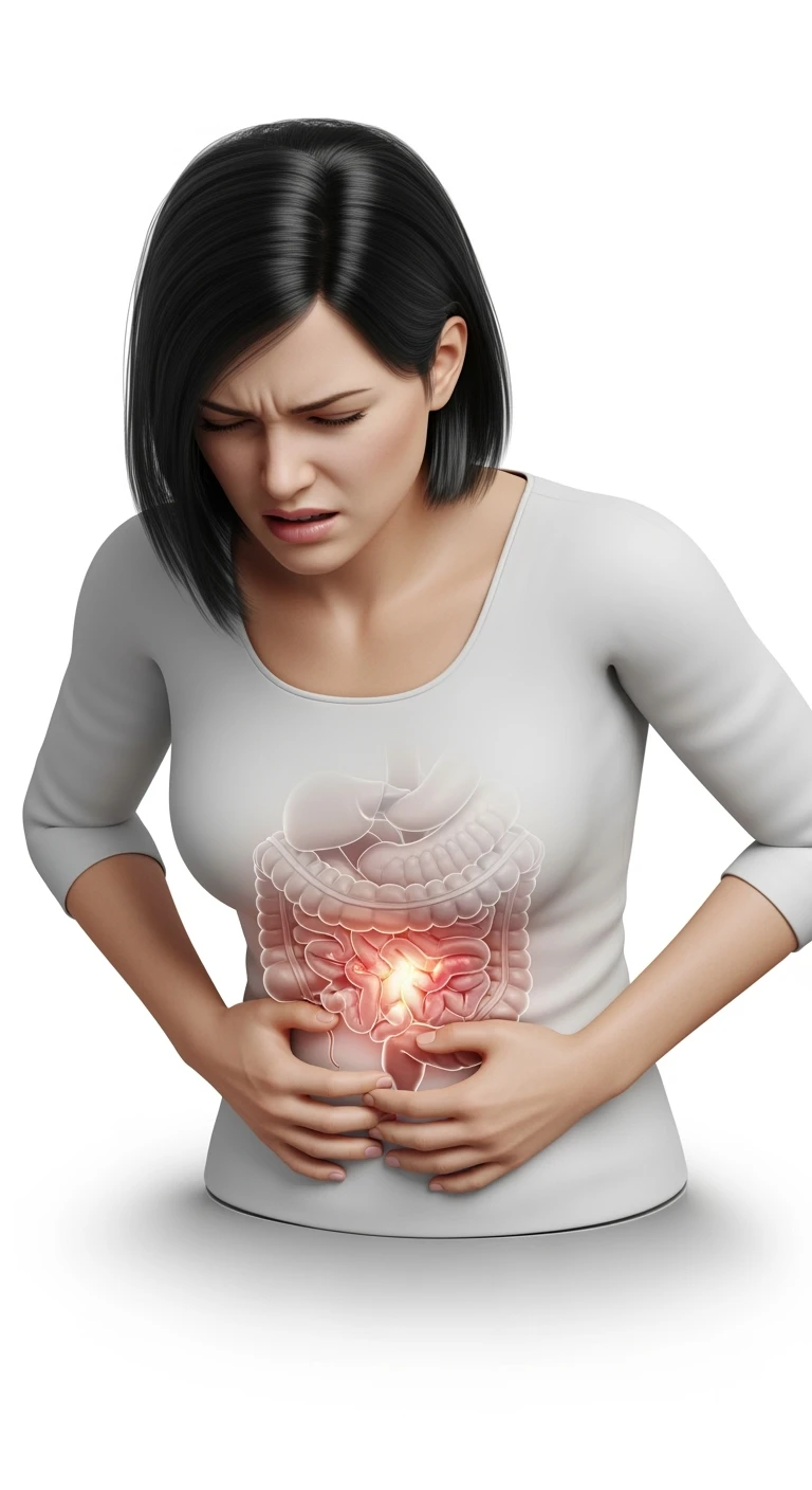 DONNA CON PANCIA DOLORANTE E INTESTINO UMANO ANATOMICO VISIBILE, ISOLATO SU SFONDO BIANCO emoji
