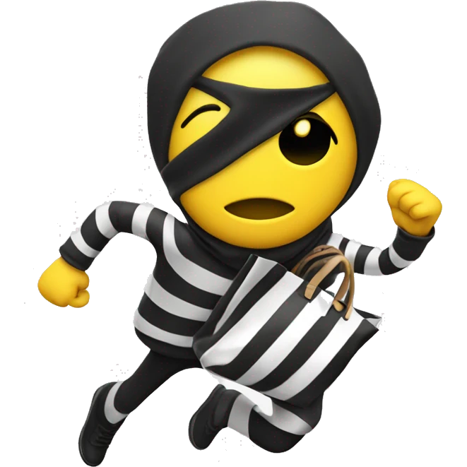yellow thief running with bag of money, black and white striped clothes emoji