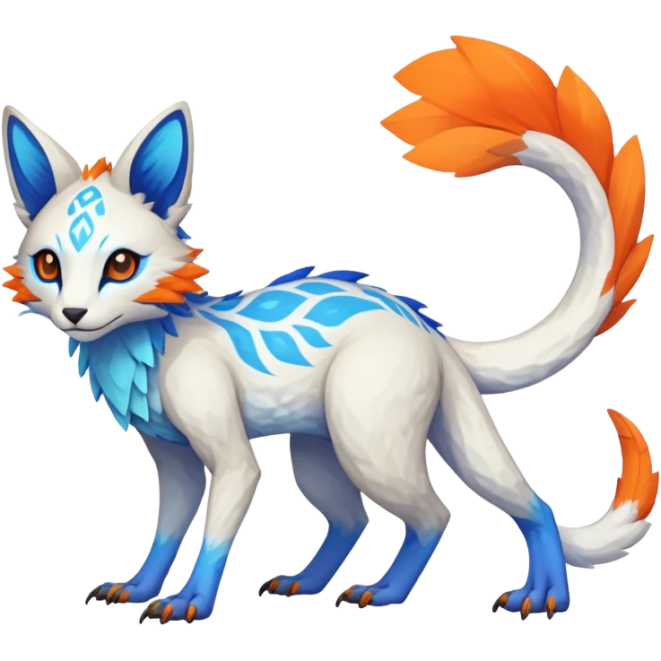 Rare realistic exotic white and neon-blue and neon-orange epic pretty beautiful handsome gorgeous aesthetic colorful vibrant Vernid-Trico-species-Fakemon-creature by LiLaiRa, 4 legs, 1 tail, random markings, (full body) emoji