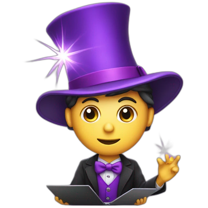 magician with a purple pointy magic hat with a star working on a macbook emoji