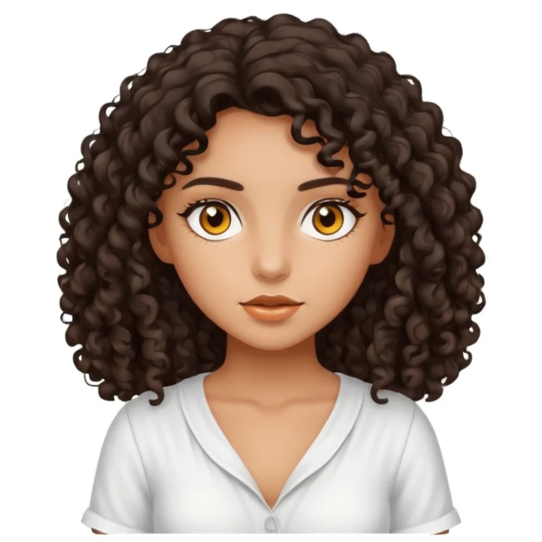 Ragazza con capelli mori e ricci, pelle abbronzata, occhi color ambra e con un outfit estivo bianco emoji
