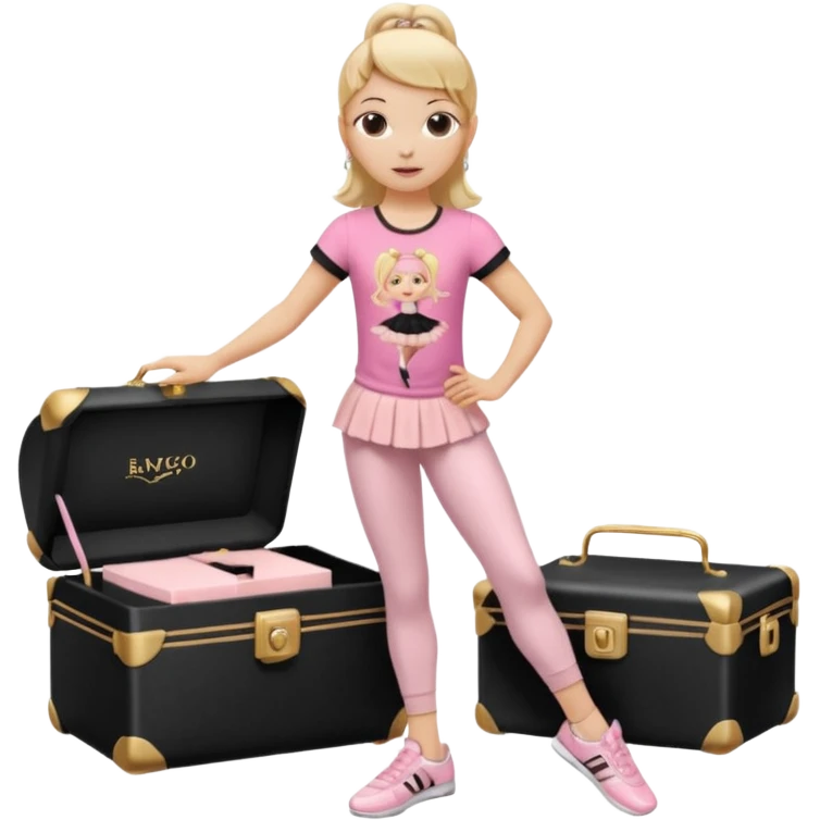 Hiphop dancer, with cute big pants, sneakers, and t-shirt. White girl blond. Coloufull shirt. No pocket pants. Dancing. Pink and black plain outfit. No sweatbands on the wrist, black music box behind her. Ballerina pose. The third on is amazing. With nothing on the shirt emoji