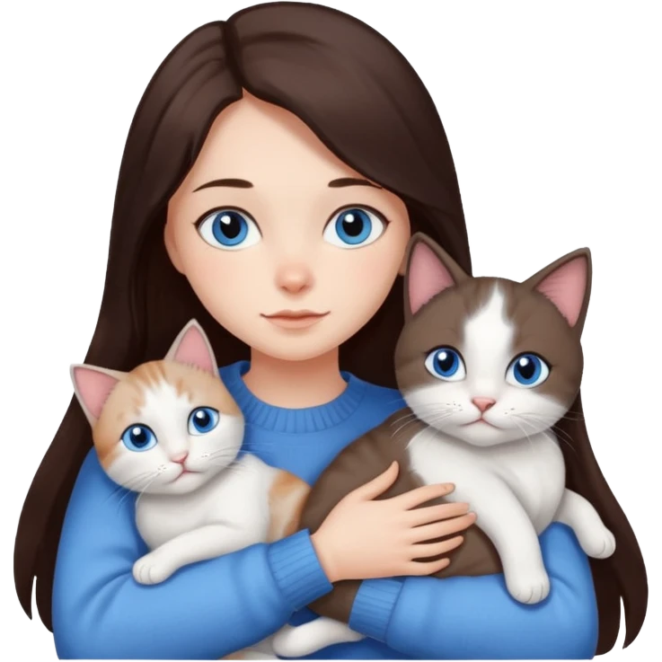 a girl with long dark 
brown hair, with blue eyes, in a
white sweater, hugs 3 different natural coloured cats emoji
