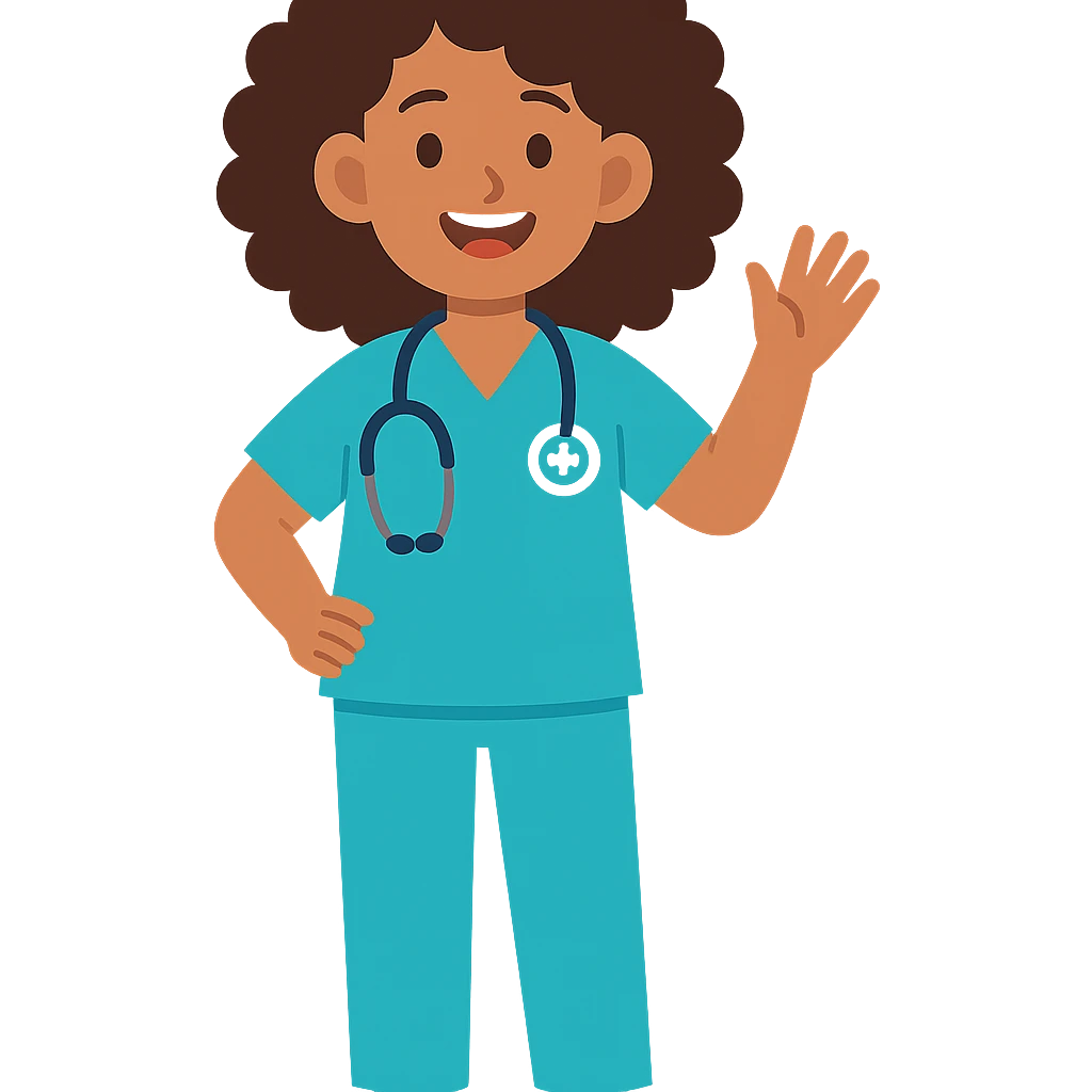 flat toon style Latina nurse with curly hair, nurse scrubs, cheerful emoji