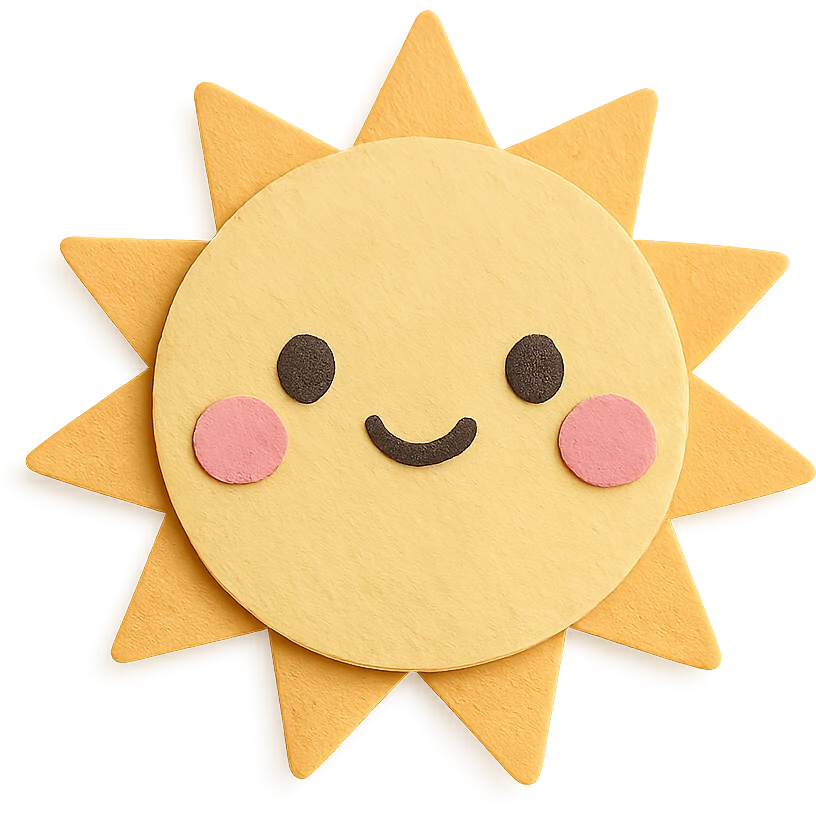 cute bright sun, smiling kawaii face, pink cheeks, soft pastel colors, no limbs, full body, paper craft style emoji