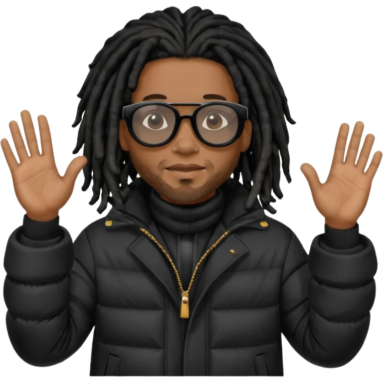 African American man brown skin complexion with black dreadlocks shoulder length wearing black bubble winter coat wearing black sunglasses with hand raised emoji