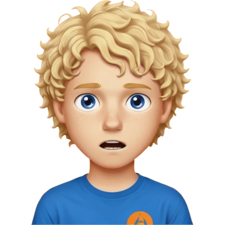 teenage boy with curly blond hair and blue eyes with freckles wearing an orange “Camp Halfblood” tshirt with the official percy jackson camp halfblood logo on it have hime doing a shocked face emoji