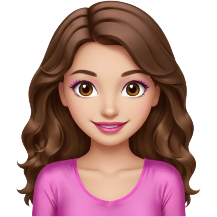 girl with long wavy brown hair, brown eyes, long lashes makeup, sexy pink lips, light to medium complexion, wearing a pink sexy silk top, smiling emoji