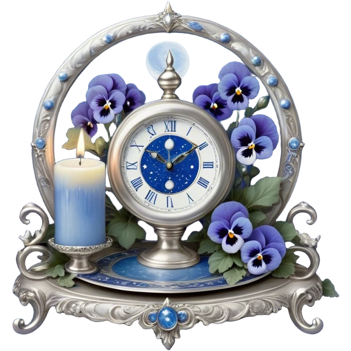 An enchanting, mystical setting where blue pansies, tinged with streaks of light blue, bloom beneath a radiant silver crescent moon. A pearl-colored candle stands on an ornate silver plate, its wax melting into swirling patterns resembling planetary orbits. The background features an astrological clock, its delicate hands tracing cosmic cycles as faint zodiac constellations shimmer against a twilight sky. Floating celestial charts inscribed with ancient symbols weave through the air, illuminated by the soft blue glow of distant stars. A mystical aura surrounds the scene, as if whispering secrets of destiny and the universe’s grand design. emoji