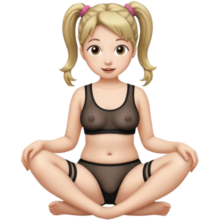 Her hair is in pigtails and her black mesh panties are see through and show thick pubic hair.  Her hips are wide and cocked emoji