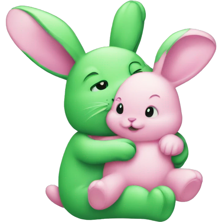 Green bunny hugging pink bunny emoji