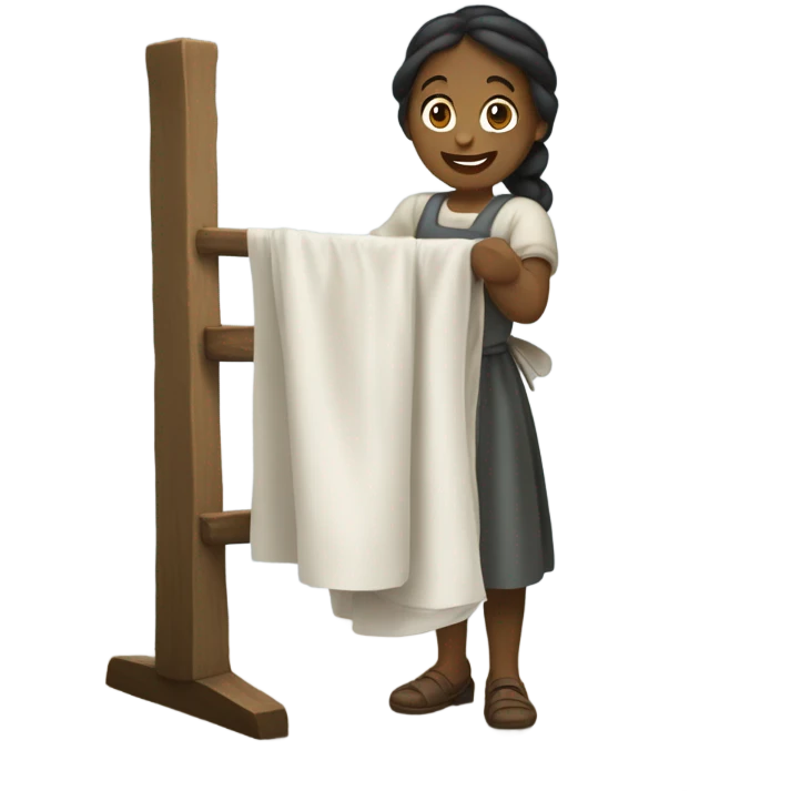 young washerwoman hanging large cloth spread out with the vernicle emoji