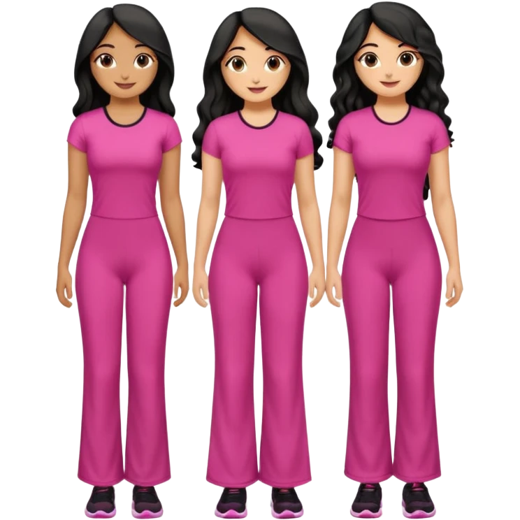 3 olive skin tone best friends. First one wearing pink gym attire modest with long black hair wavy. Second one wearing a pink fitted long maxi dress with curves long black hair and the last one wearing pink casual clothes with brown mid length hair similing looking glammed up  emoji